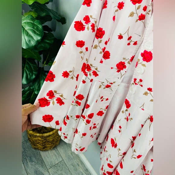 New Red Pink Roses Floral Red and White Fit & Flare Princess Pea Coat - Picture 6 of 11
